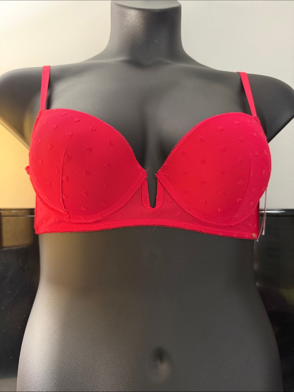Red Plunge Push-Up Bra with Heart Embroidery Size 36 C
